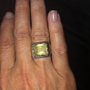 925 and 14k gold green stone ring.  I believe the stone is a green quartz. 6.5-7